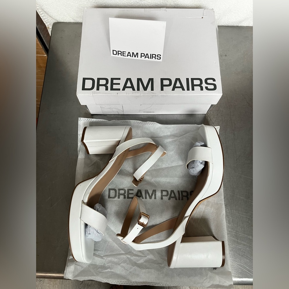 DREAM PAIRS White Block Heel Sandals with Ankle Strap